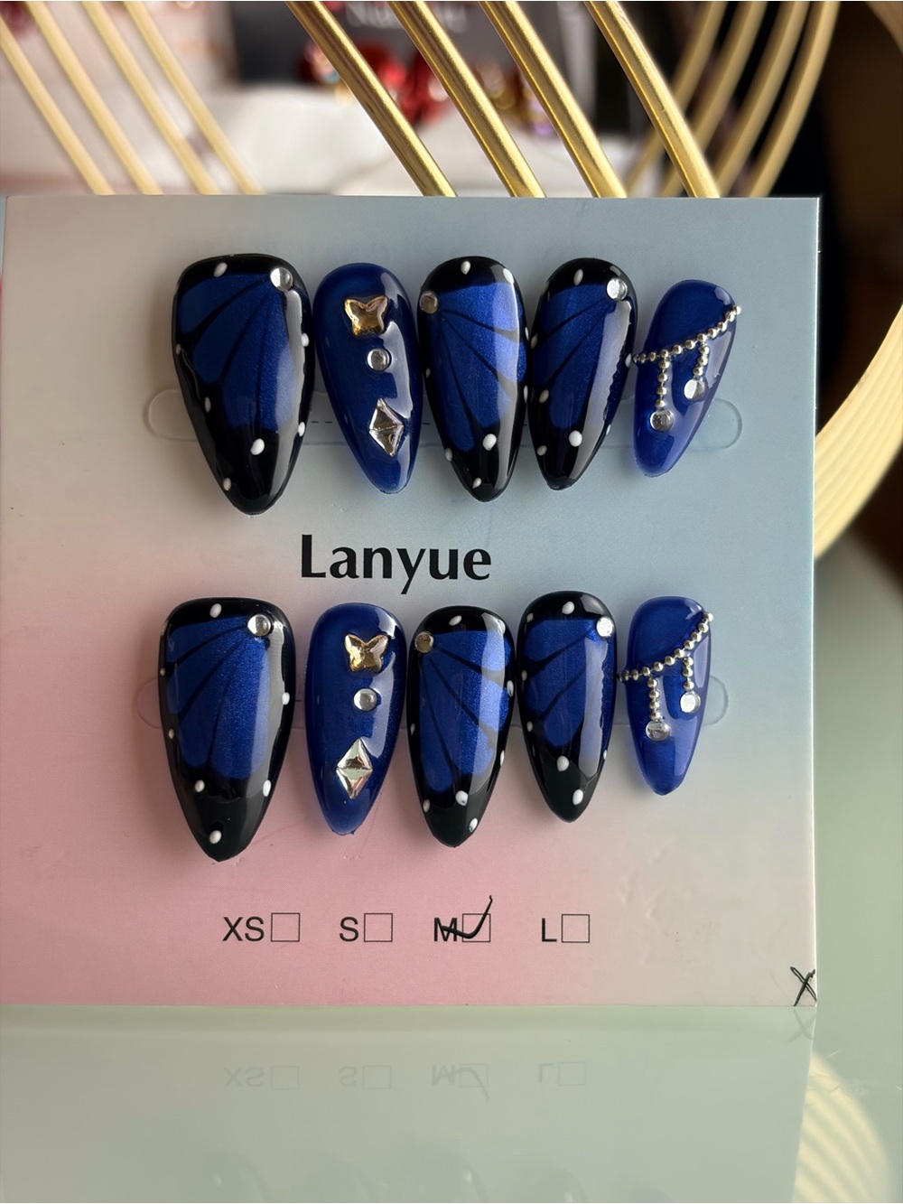 Lanyue Blue & Black Butterfly Accent Press-On Nails Medium